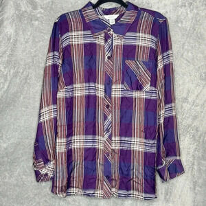 CJ Banks 1X Shirt Top Purple Plaid Button Up Long Sleeve Collared Lightweight
